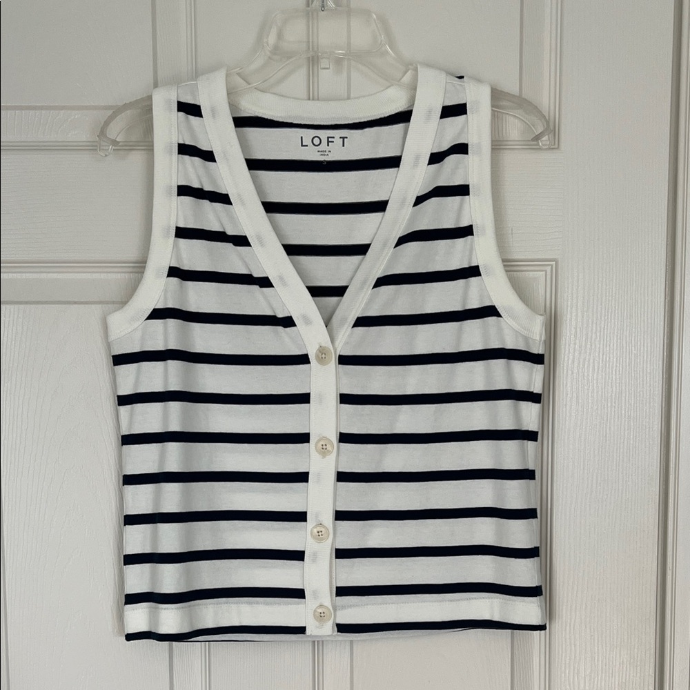 LOFT Navy and White Striped Button-Front Tank Top
